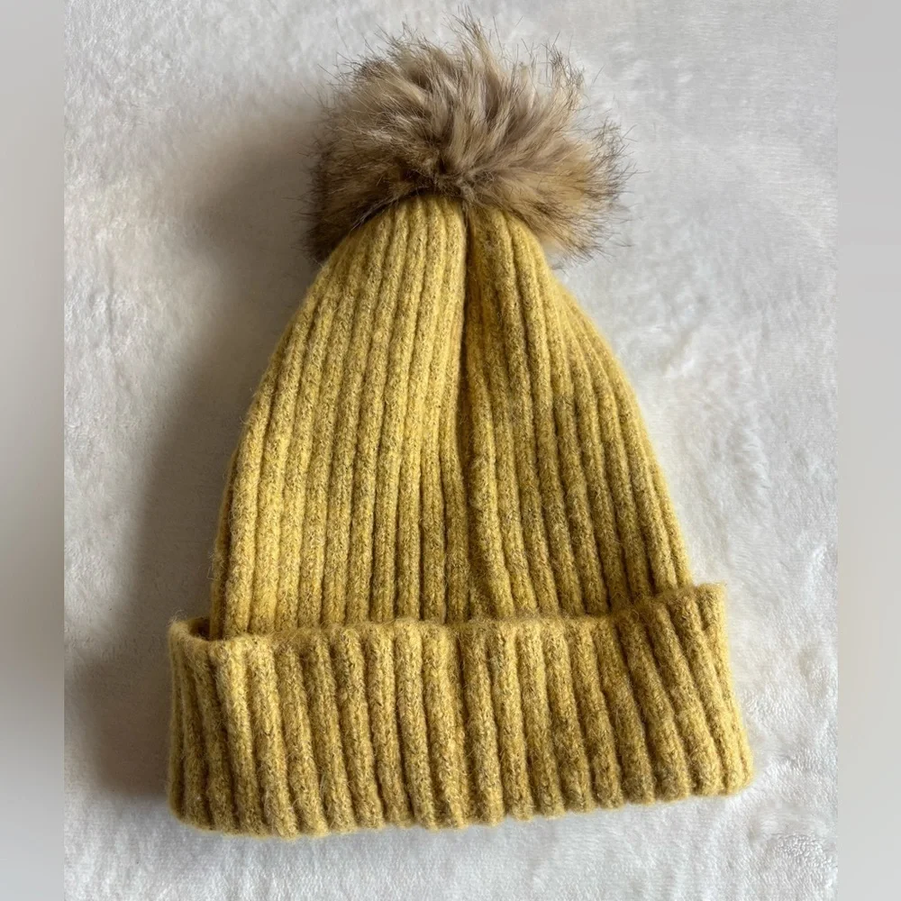 Virginia Wolf Yellow Mustard Knit Beanie with Pink Rainbow Patch and Pompon OS